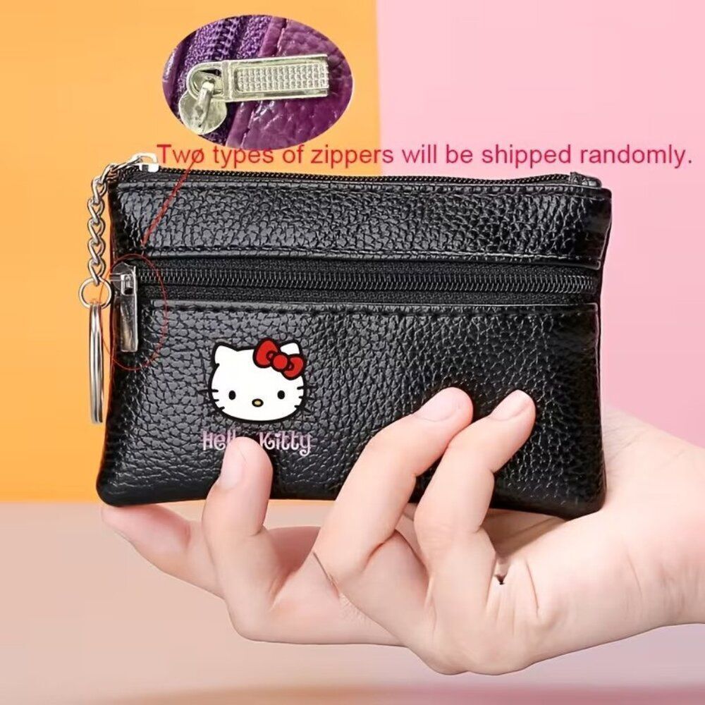 Hello Kitty Women's Mini 2 Zipper Faux Leather Coin Purse Black 4.7"w x 3.2"h